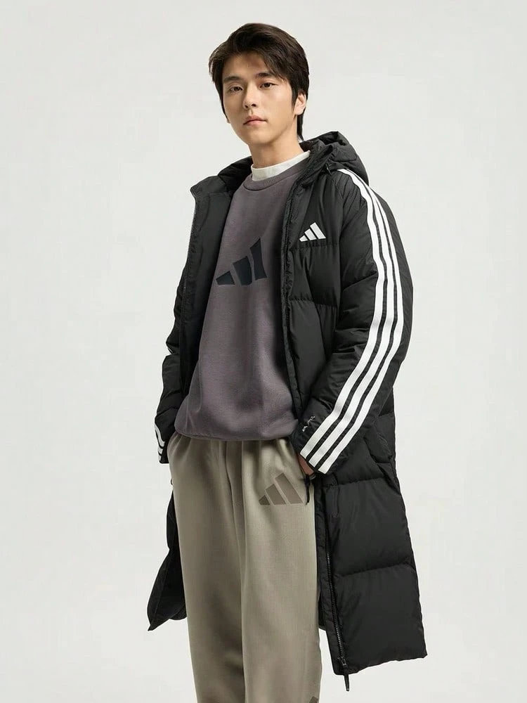 Jaket bulu angsa panjang berbahan katun berlapis, gaya dasar adidas, serbaguna, unisex, hangat, tahan angin, anti air, bergaris, berresleting, berkerudung, KC2498 - Hitam - View 1