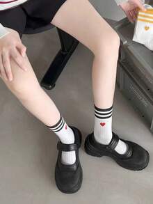 1/5 pares de calcetines de media caña estilo universitario para mujer con rayas de corazón, puño acanalado de doble raya, calcetines deportivos casuales para correr, fitness, yoga, pilates, suaves y transpirables para el uso diario, simples y cómodos, adecuados para todas las estaciones - Multicolor - Ver 8