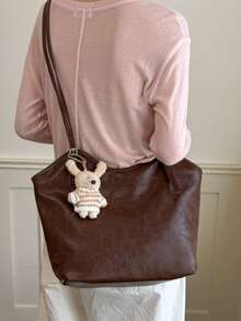 Metal Buckle Detail Decor Large Capacity Storage Zipper Closure Relaxed Minimalist Style Shoulder Tote Bag Daily Commute School Travel Vibe Shoulder Big Bag - Brown - View 7