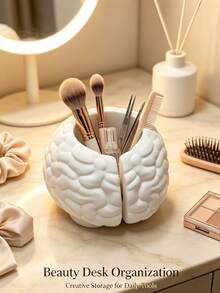 Novelty Brain‑Shaped Makeup Brush Holder, Creative Dual‑Grid Desktop Pen Cup, Vanity Cosmetic Eyebrow Brush Storage Box, Fun Halloween Decor Ornament, Office Stationery Sundries Organizer Bucket - Multicolor - View 2