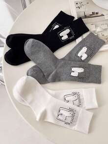3/6 Pairs Women's 3D Flocked Alpaca Mid-Calf Socks, Black White Gray Minimalist Cute Animal Socks, Suitable For Daily Sports Shoes Matching - Multicolor - View 8