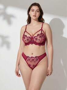 Rosiemei Conjunto de lingerie sexy plus size feminina com cobertura total, bordado floral bordô, fio dental sexy, peça íntima romântica para o Dia dos Namorados. - Vinho - Visão 1