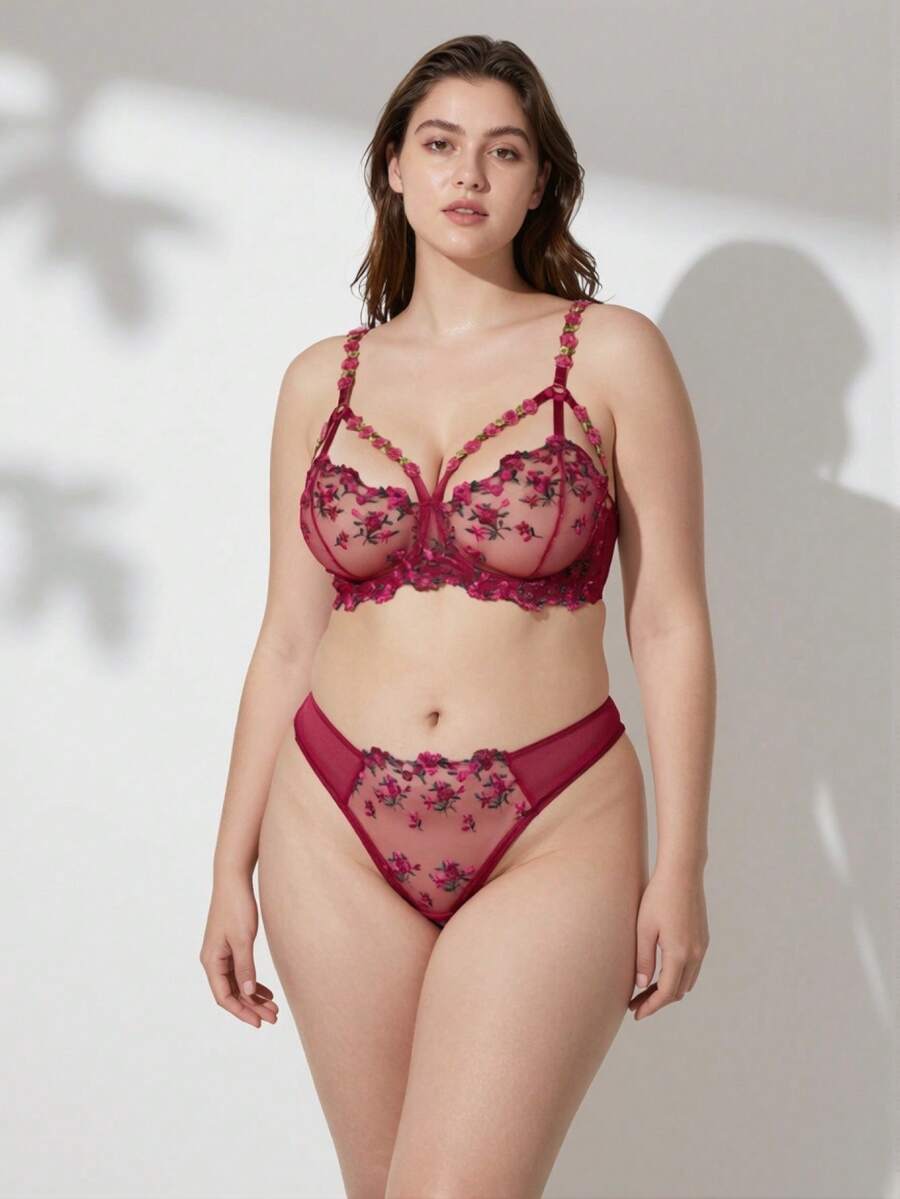 Rosiemei Conjunto de lingerie sexy plus size feminina com cobertura total, bordado floral bordô, fio dental sexy, peça íntima romântica para o Dia dos Namorados. - Vinho - Visão 1