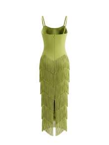 Modphy Women's Elegant Green Spaghetti Strap Sleeveless Maxi Dress, Heavy Rhinestone Embellished Tassel Fitted Evening Gown, Suitable For Wedding Banquet Cocktail Party - Green - View 9