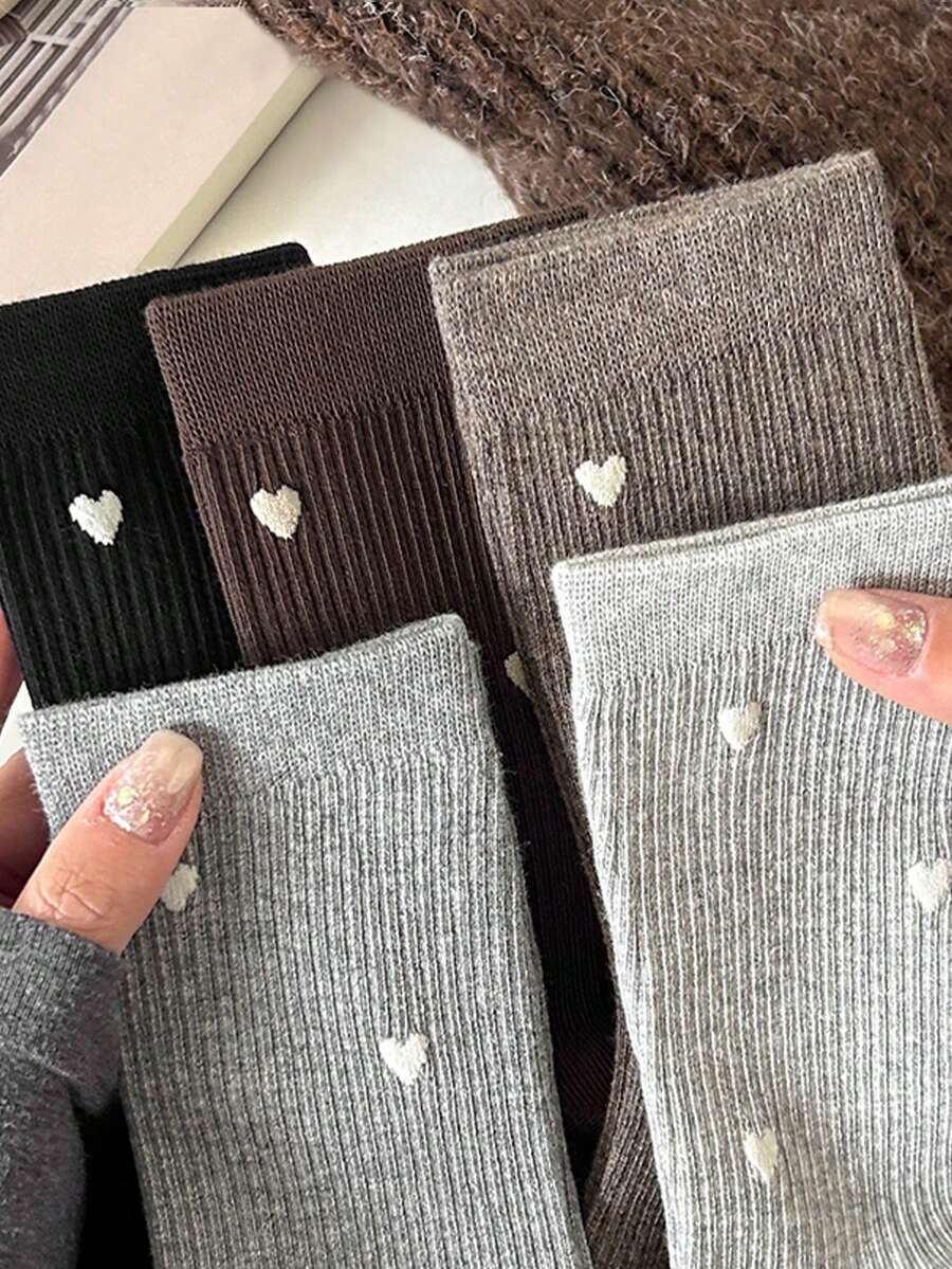 3 Pairs Random Style Women's Mid-Calf Socks, Small Heart Print Preppy Style, Solid Color Minimalist Sweet Daily Warm Socks, Suitable For Winter Snow Boots Matching - Multicolor - View 1