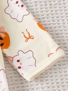 1pc Newborn Baby Girl Cute Comfortable Soft Long Sleeve Pumpkin Print Bodysuit With Headband Thin Spring Autumn Halloween Outfit - Apricot - View 7