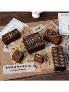 Wooden Moon Phase Calendar Stamp Adjustable Perpetual Calendar Planner Date Week Month Stamp Creative Starry Sky Diary DIY Tool Set Gift Stationery - Multicolor - View 6