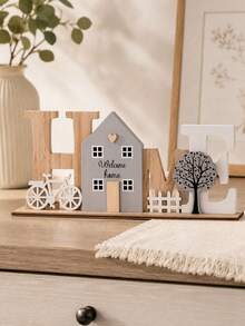 1pc Rustic Wooden "HOME" Desktop Decor With "Welcome Home" Lettering, Bicycle And Tree Pattern, Suitable For Farmhouse Style Shelf, Living Room, Entryway, Mantel Display Or As Desktop Decoration - Multicolor - View 1