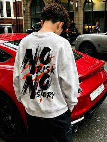Hip Hop Street Style Boys Crew Neck Sweatshirt, Back Brushed Fleece Print "No Risk No Story" Slogan, Loose Fit Long Sleeve Kids Top, Spring/Autumn/Winter - White - View 7