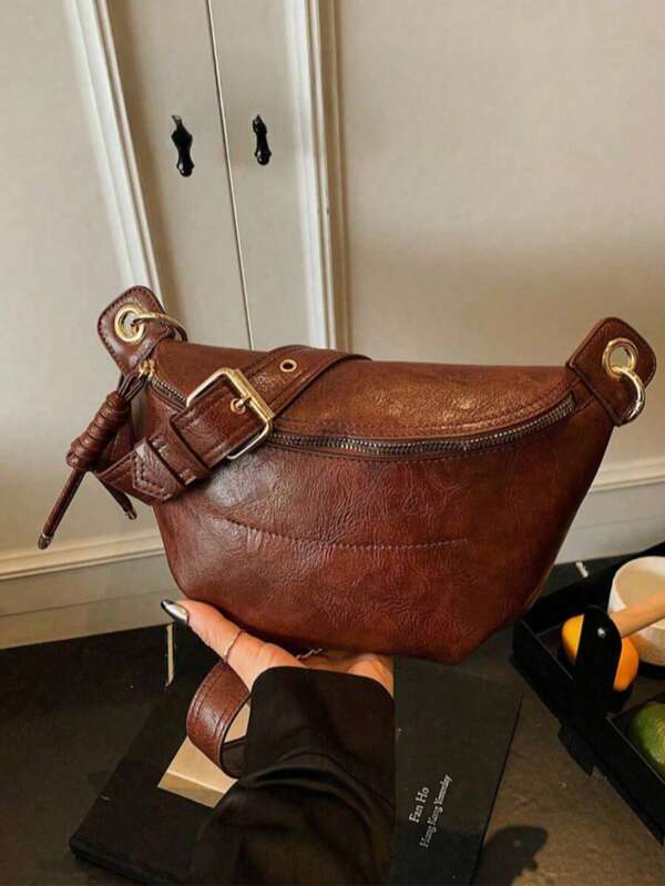 Women's Fashion Chain Chest Bag, PU Material, Zipper Closure Design, Portable Phone Bag, Waist Bag, Solid Color Minimalist Style, Crossbody Bag, Suitable For Shopping, Dating, Outings, Compact Size