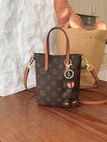 Dedoo Bolsa Tote Mini Transversal Feminina,Bolsa de Mão Monograma Vintage,Pingente de Urso Ferragens Douradas Alça Destacável Leve Bolsa Retrô Diária para Senhoras - Multicolorido - Visão 5