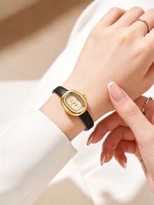 1件女款金色橢圓珠寶石手錶，金色合金錶殼，金色錶盤，黑色PU錶帶，適合日常配戴、約會與送禮 - 黑色 - 查看 2