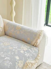 1pc Luxury Chenille Floral Jacquard Sofa Cover, French Style Ruffle Trim Tassel Lace Edge Non-Slip Sofa Protector Pad, All Season Living Room Sofa Slipcover - Grey - View 7