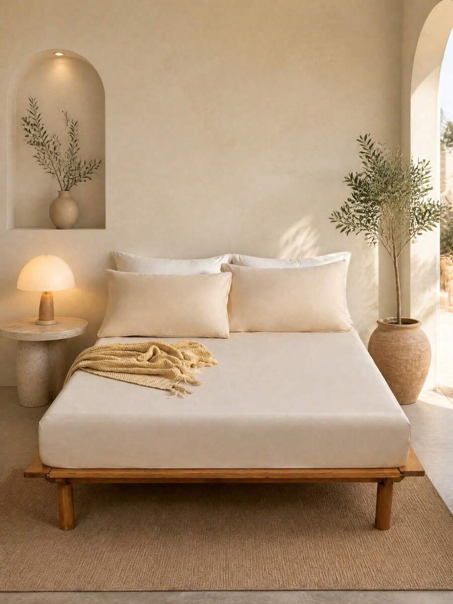 Set Sprei Fitted Khaki Polos 3 Potong, Terbuat dari Kain Bertekstur Halus, Termasuk 1 Sprei Fitted dan 2 Sarung Bantal (Isi Bantal Tidak Termasuk), Set Perlengkapan Tidur Modern dan Lembut, Cocok untuk Rumah, Asrama, Musim Kembali ke Sekolah dan Acara Lainnya, Desain Kantong Dalam, Muat hingga Kasur 16 Inci - Khaki - View 1