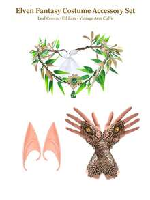 Women Elf Cosplay Accessories Set, Leaf Gem Headband, Pointed Elf Ears & Vintage Lace Gloves, For Halloween Renaissance Party Dress‑Up - Multicolor - View 3