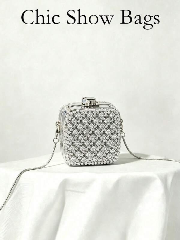 Women Evening Clutches,Mini Square Hard Box Crossbody Bag, Minimal Sparkly Luxury Style, For Club Cocktail Party Night Out Ladies All Seasons
