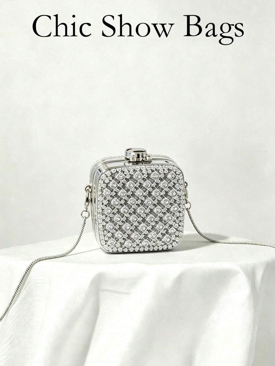 Women Evening Clutches,Mini Square Hard Box Crossbody Bag, Minimal Sparkly Luxury Style, For Club Cocktail Party Night Out Ladies All Seasons - Silver - View 1