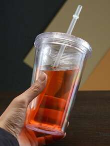 1pc 350ml, 450ml Or 650ml Double Wall Transparent Plastic Straw Cup, Insulated Milk Tea Cup - Clear - View 2