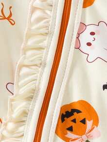 1pc Newborn Baby Girl Cute Comfortable Soft Long Sleeve Pumpkin Print Bodysuit With Headband Thin Spring Autumn Halloween Outfit - Apricot - View 8
