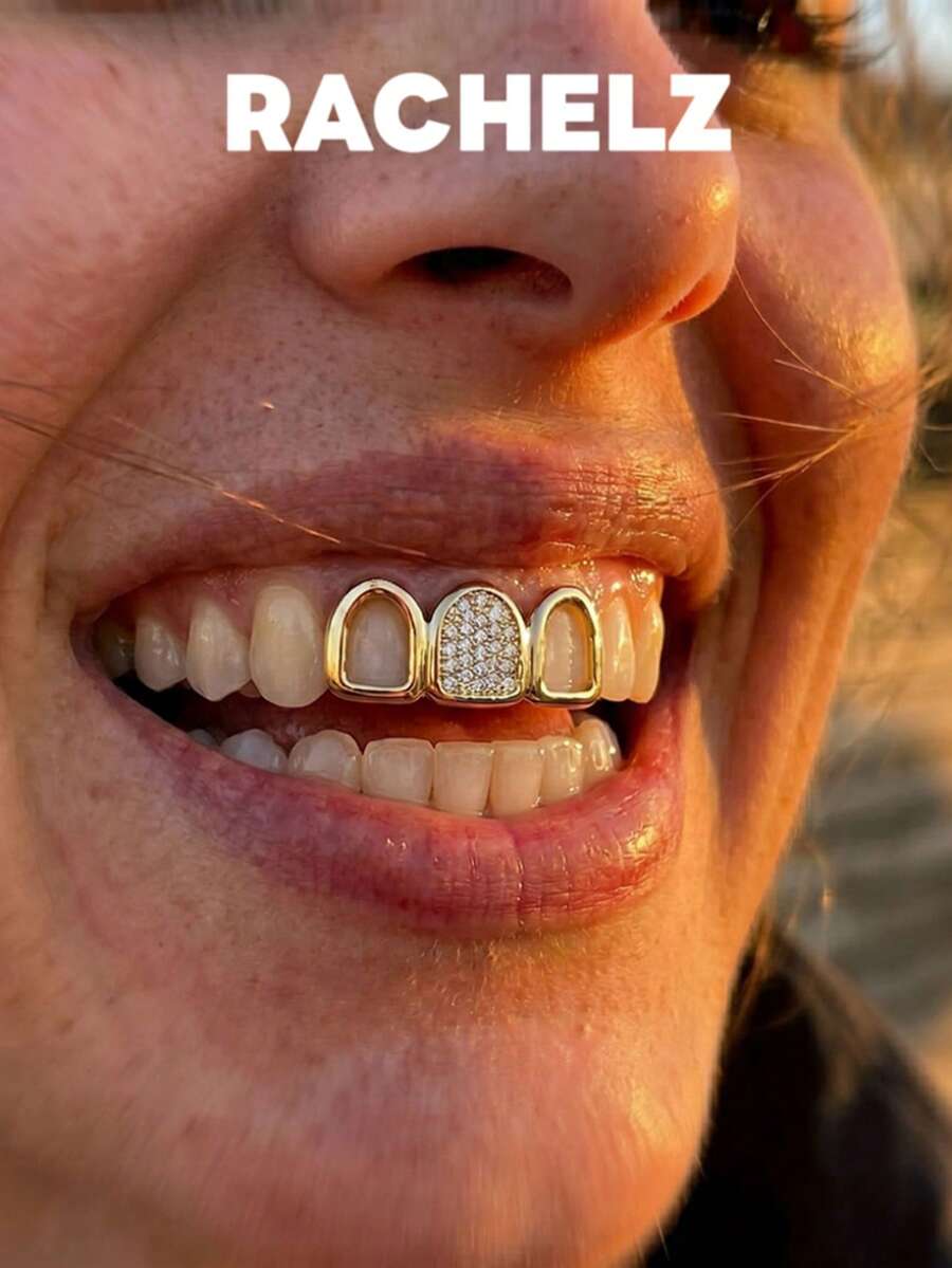 RACHELZ Vintage Y2K 3-Piezas Grillz de Dientes Huecos con Zirconia CZ Hip Hop Brillante Tapas de Dientes de Zirconia Joyería Dental Unisex Regalo para Fiestas - Dorado - Ver 1