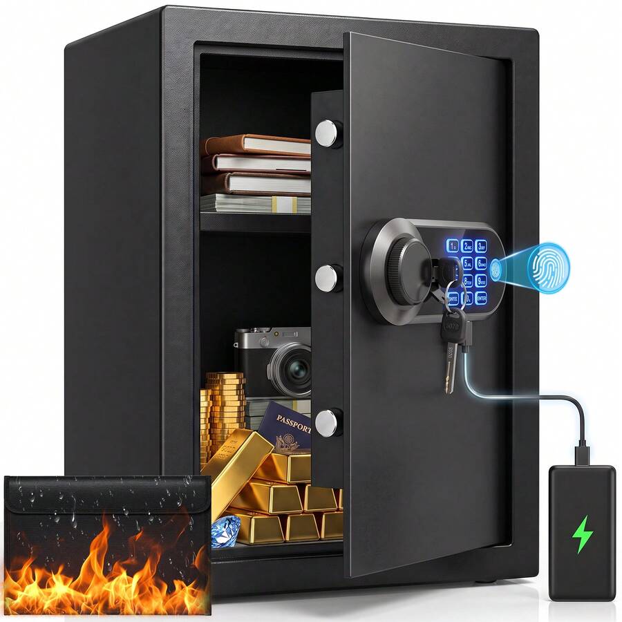 Fingerprint Large Safe Box For Home, Digital Security Safe With Biometric Lock, Keypad & Emergency Keys, Fireproof Waterproof Document Bag Included, Anti-Theft Safe For Cash, Jewelry, Passport And Valuables-50L - 50L-large - View 1