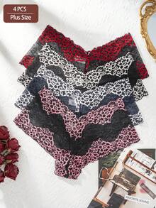 4pcs/Pack Plus Size Women's Sexy Lace Two-Tone Patchwork Comfortable Breathable Boxer Briefs - Multicolor - View 2