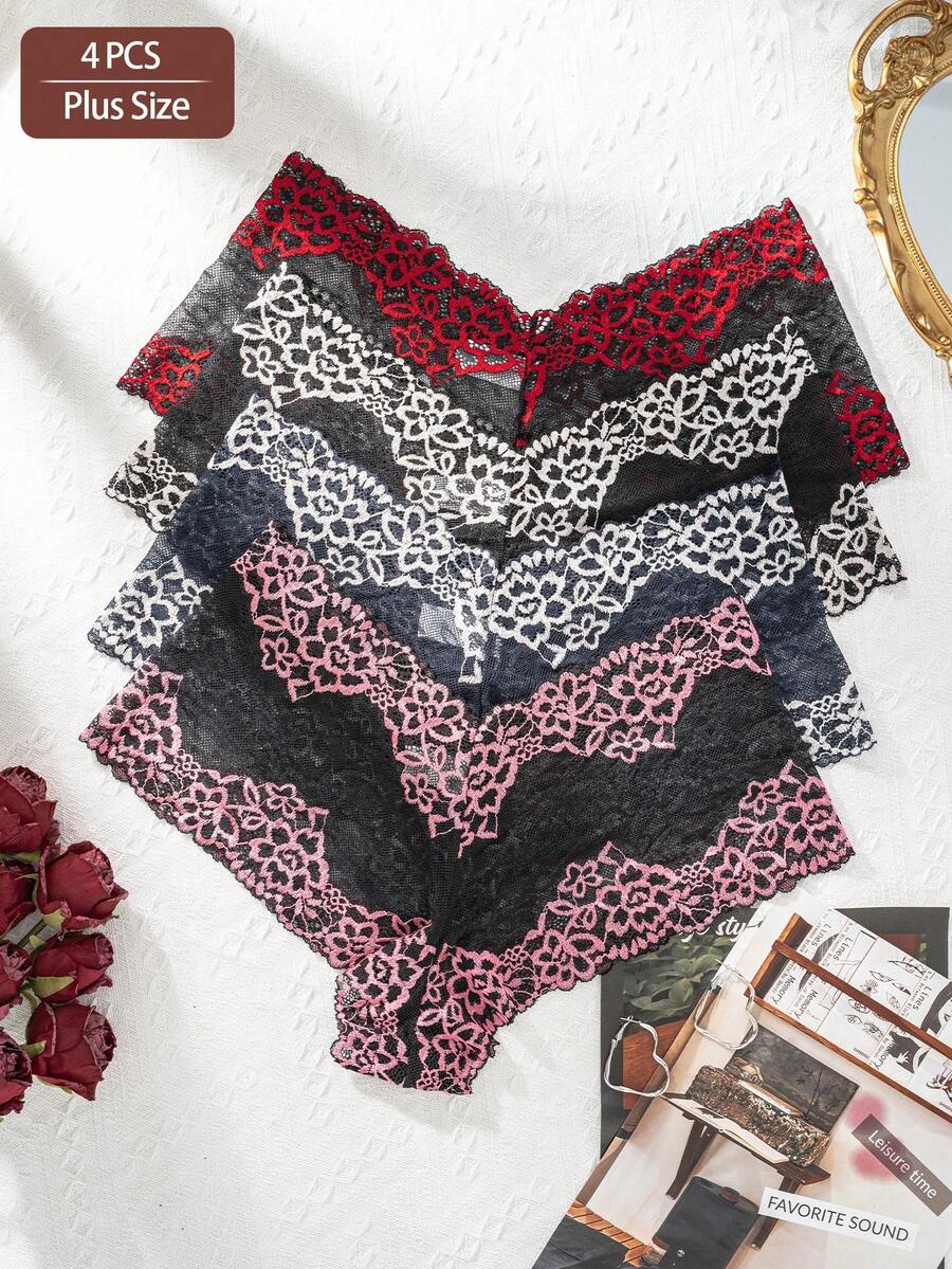 4pcs/Pack Plus Size Women's Sexy Lace Two-Tone Patchwork Comfortable Breathable Boxer Briefs