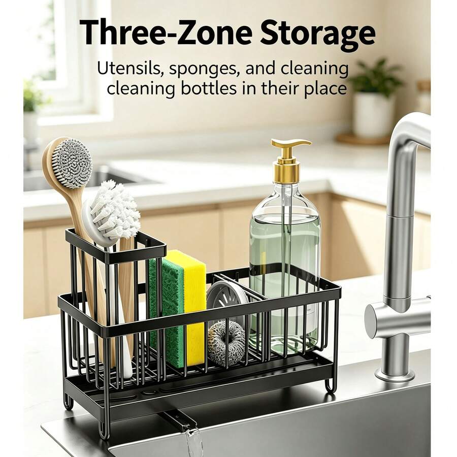 1pc 28*14*18cm Sponge Drain Rack, Rust-Proof Iron Material, Modern Minimalist Black Rectangular Countertop Storage Rack, With Detachable Drip Tray, For Storing Sponges, Pot Brushes And Dish Soap, Suitable For Kitchen Sink Daily Home Use - M - View 1
