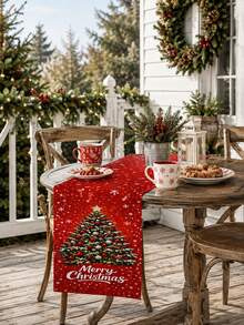 1PC Merry Christmas Linen Table Runner, Red Snowflake Christmas Tree Print Table Runner, Festive Farmhouse Dining Table Centerpiece Decor For Kitchen Dining Room, Xmas Party, Holiday Dinner, Winter Seasonal Home Decoration - Multicolor - View 8