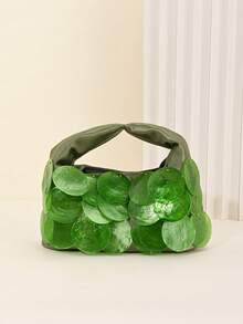 Fashionable Y2K Style Seashell Disc Decorated Evening Clutch Bag, Suitable For Parties, Weddings, Cocktail Parties, And Formal Occasions. - Olive Green - View 2