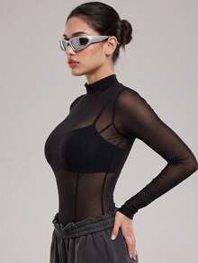 KyrLssu Women Fashion Sheer Mesh Mock Neck Long Sleeve Top, Figure‑Hugging See‑Through Layering Shirt, Multi‑Styling Stand Collar Top - Black - View 5