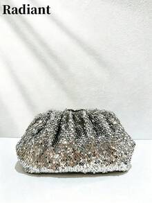 Women Evening Clutches,Cloud Pleated Pouch Clutch Bag,Sparkly Nightclub Party Style, For Prom Banquet Wedding Date Night Ladies All Seasons - Silver - View 1