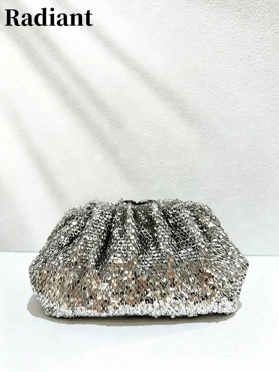 Women Evening Clutches,Cloud Pleated Pouch Clutch Bag,Sparkly Nightclub Party Style, For Prom Banquet Wedding Date Night Ladies All Seasons - Silver - View 1