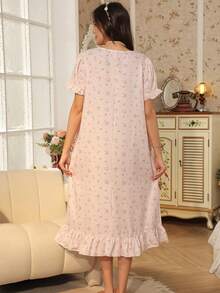 RS Pajama1 Floral Print Bubble Crepe Ruffle Short Sleeve Nightgown With Bow Decor, Square Neck - Pink - View 2