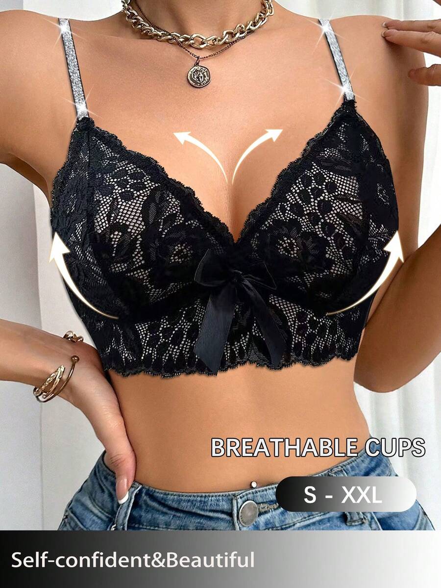 1pc Women's Casual Solid Color Lace Patchwork Sexy & Comfortable Minimalist Sports Bra - Black - View 1