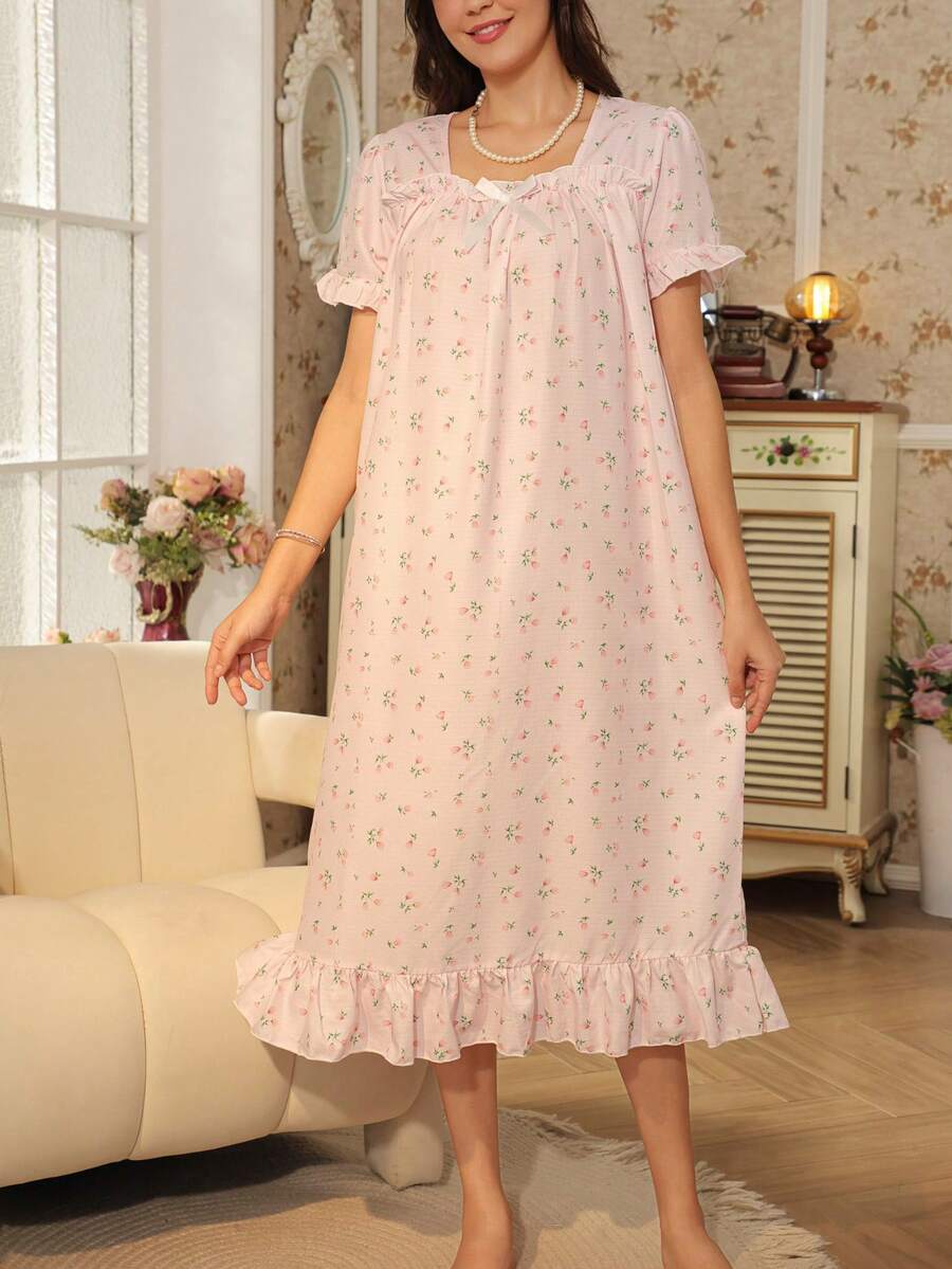 RS Pajama1 Floral Print Bubble Crepe Ruffle Short Sleeve Nightgown With Bow Decor, Square Neck - Pink - View 1