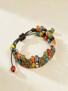 1pc Flower Ceramic Bracelet, Non-Fading, Women's High-End Adjustable New Chinese Style Hand Rope Accessory - Multicolor - View 2