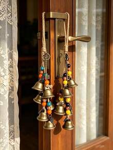 1pc Bohemian Vintage Metal Bell Wind Chimes With Colorful Wooden Beads, Retro Jute Rope Door Hanging Bell Ornaments For Home, Front Door, Wall, Window, Porch, Patio, Garden, Bedroom, Living Room, Entryway & Farmhouse Decor - Multiple Styles - View 1