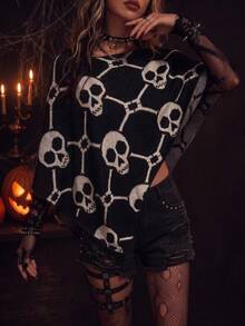 New Y2K Skull Chain Jacquard Asymmetrical Hem Loose Shawl Silhouette Off-Shoulder Backless Black Autumn Top - Black - View 6