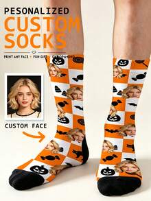 1 Pair Custom Face Halloween Crew Socks, Personalized Photo Socks With Pumpkin, Bat & Candy Print, Funny Spooky Gift For Men Women Couples - Multicolor - View 1