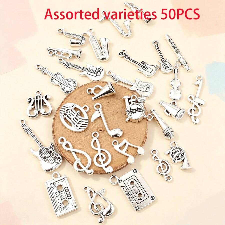50pcs Random Assorted Musical Note/Instrument Pendant Charms, Alloy Material, Sweet & Cool Y2K Style, Classic Silvery Fashion Music Festival Party Punk Jewelry Making Accessories - A5529 - View 1