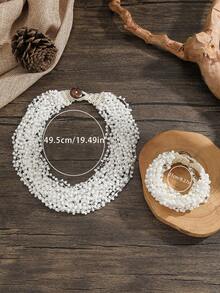SOUL BEADING 波希米亞風手工鉤針串珠項鍊與手鍊2件組，優雅波希米亞風日常配件，百搭款 - 白色 - 查看 6