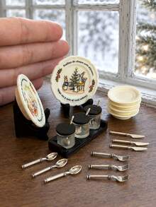 Miniature Model House Vintage Tableware Storage Accessories, Plate Knife Fork Spoon Condiment Jar Display Rack Tray Model, Dollhouse Kitchen Scene Decor Accessories - one-size - View 1