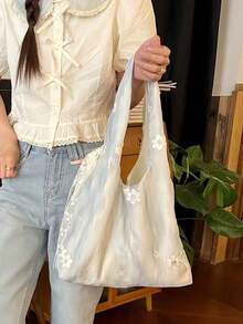 小眾設計 Ins 通勤外出日常購物 中式刺繡藝術清新仙氣布包 單肩腋下大容量托特包 側背包 - 淺藍色 - 查看 3