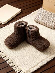 1 Pair Children's Soft Plush Ankle Boots With Side Zipper For Easy On And Off, Suitable For Autumn/Winter Home And Casual Wear - Brown - View 4