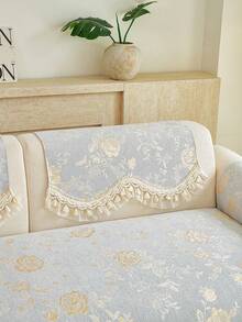 1pc Luxury Chenille Floral Jacquard Sofa Cover, French Style Ruffle Trim Tassel Lace Edge Non-Slip Sofa Protector Pad, All Season Living Room Sofa Slipcover - Grey - View 8