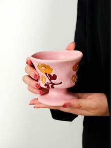 1pc Handmade Vintage Floral Ceramic Mug, Asymmetrical Small Flower Coffee & Dessert Cup - Multicolor - View 5