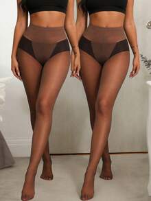 1/2/4 Pairs Plus Size Coffee Brown High Waist Sheer Pantyhose, Soft Stretch Invisible Toe Tights Hosiery Multipack - Multicolor - View 4