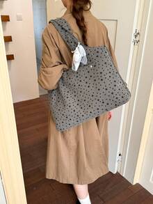 1件女款拼色尼龍肩背托特包，時尚大容量配五星裝飾，適合購物、度假與旅行 - 灰色 - 查看 6