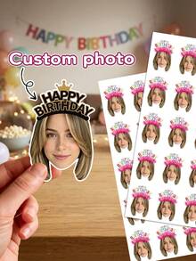10/25/50pcs Customized Happy Birthday Crown Face Stickers, Personalized Photo Die-Cut Birthday Headband Face Stickers, Custom Photo Portrait Stickers, Girl Birthday Party Favors Cake Box Envelope Seal Decoration - Multicolor - View 2